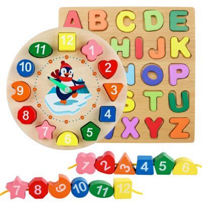 Wooden Clock & Alphabet Puzzle Set